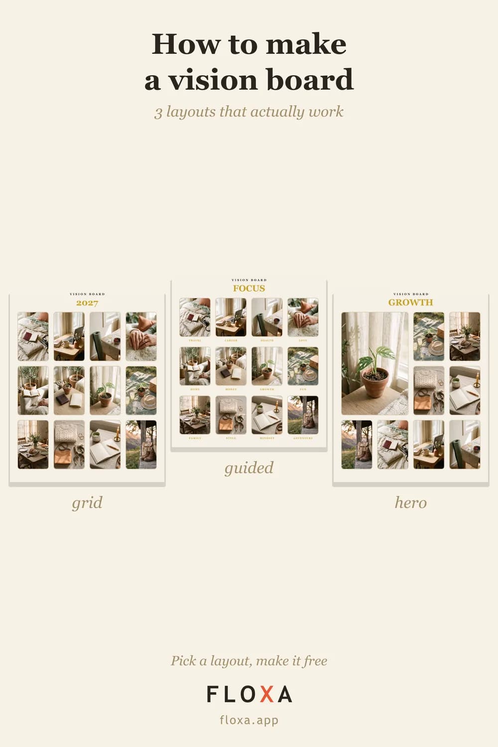 how to make a digital vision board online: three layouts side by side with real photos