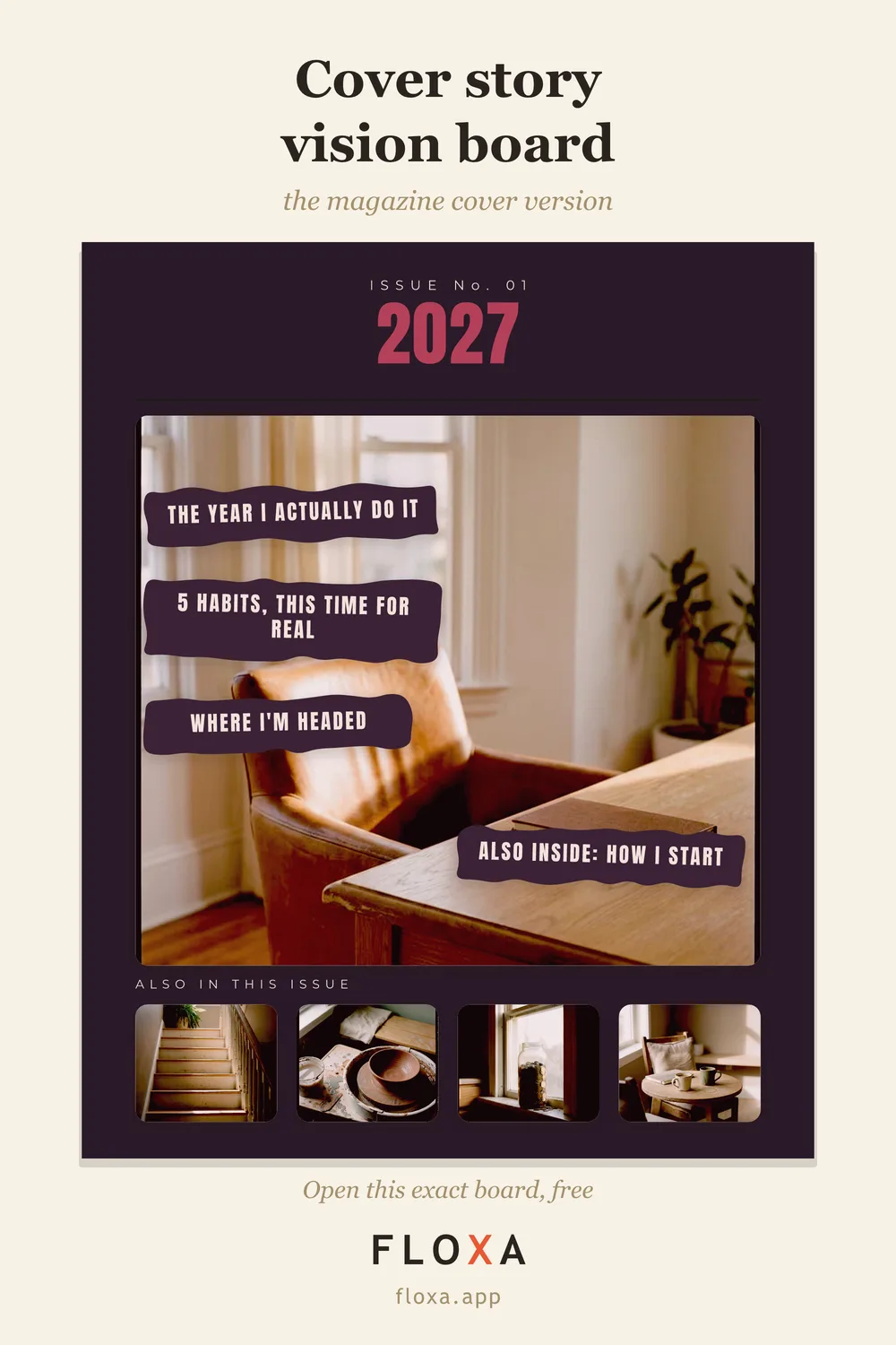 magazine cover vision board idea with one hero photo and headlines on an opera palette