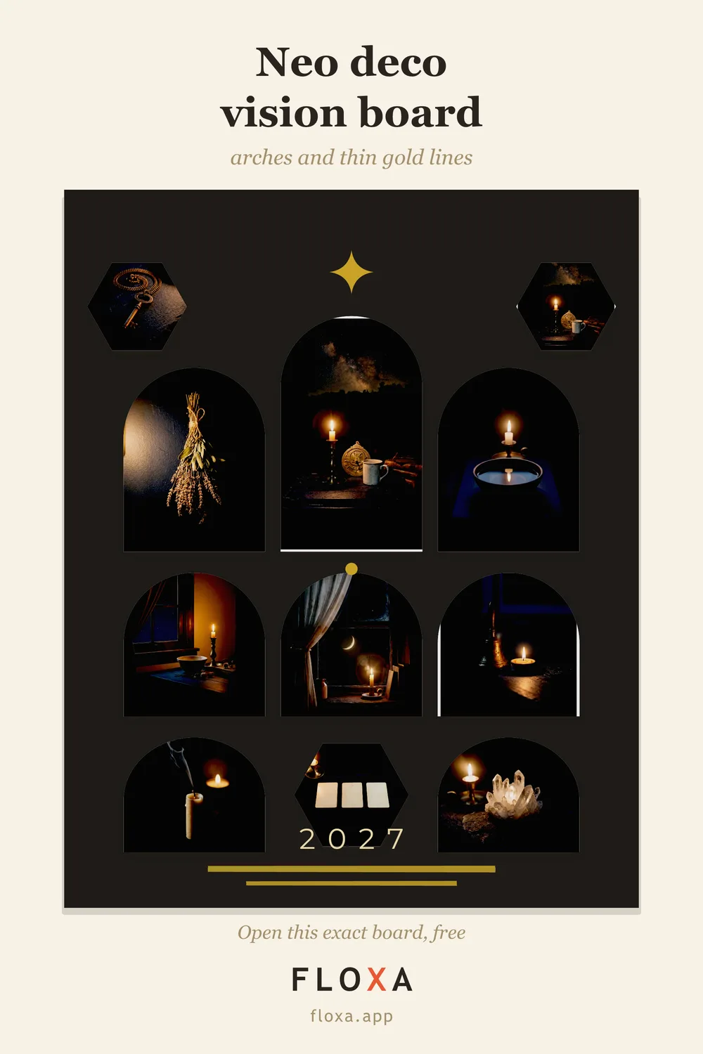 neo deco vision board idea with gold art deco frame on a dark palette