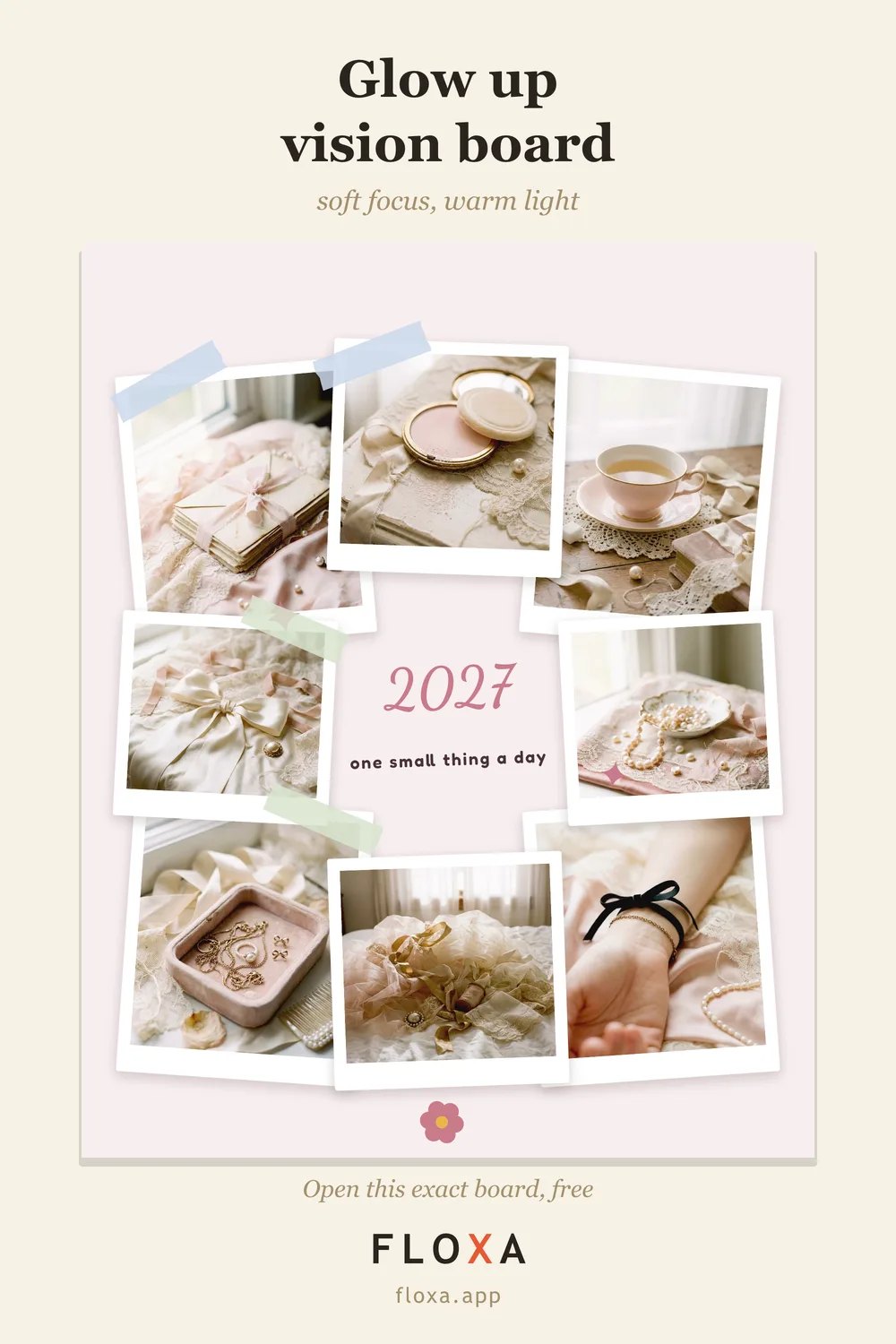 pink soft glow-up vision board idea with self-care photos on a blush palette