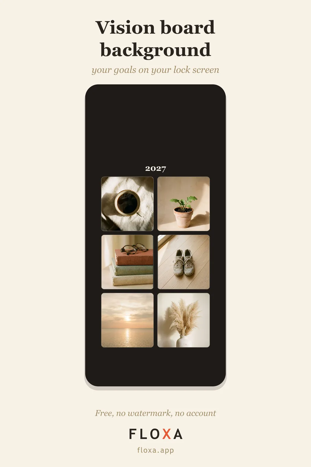 vision board lock screen wallpaper at 1080x2400 with six photos placed around the clock