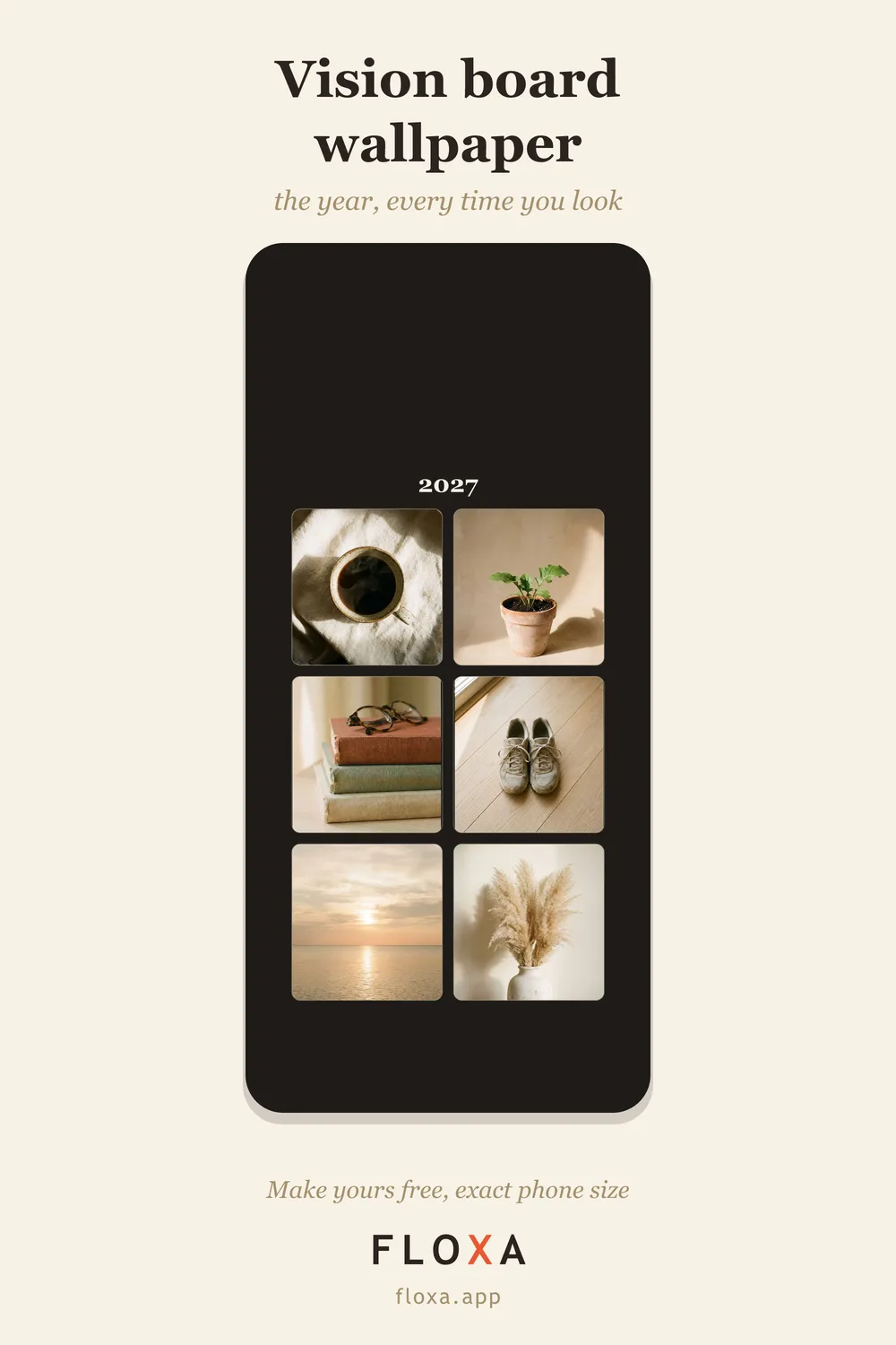 digital vision board set as a phone lock screen with six photos around the clock and 2027 on the frame