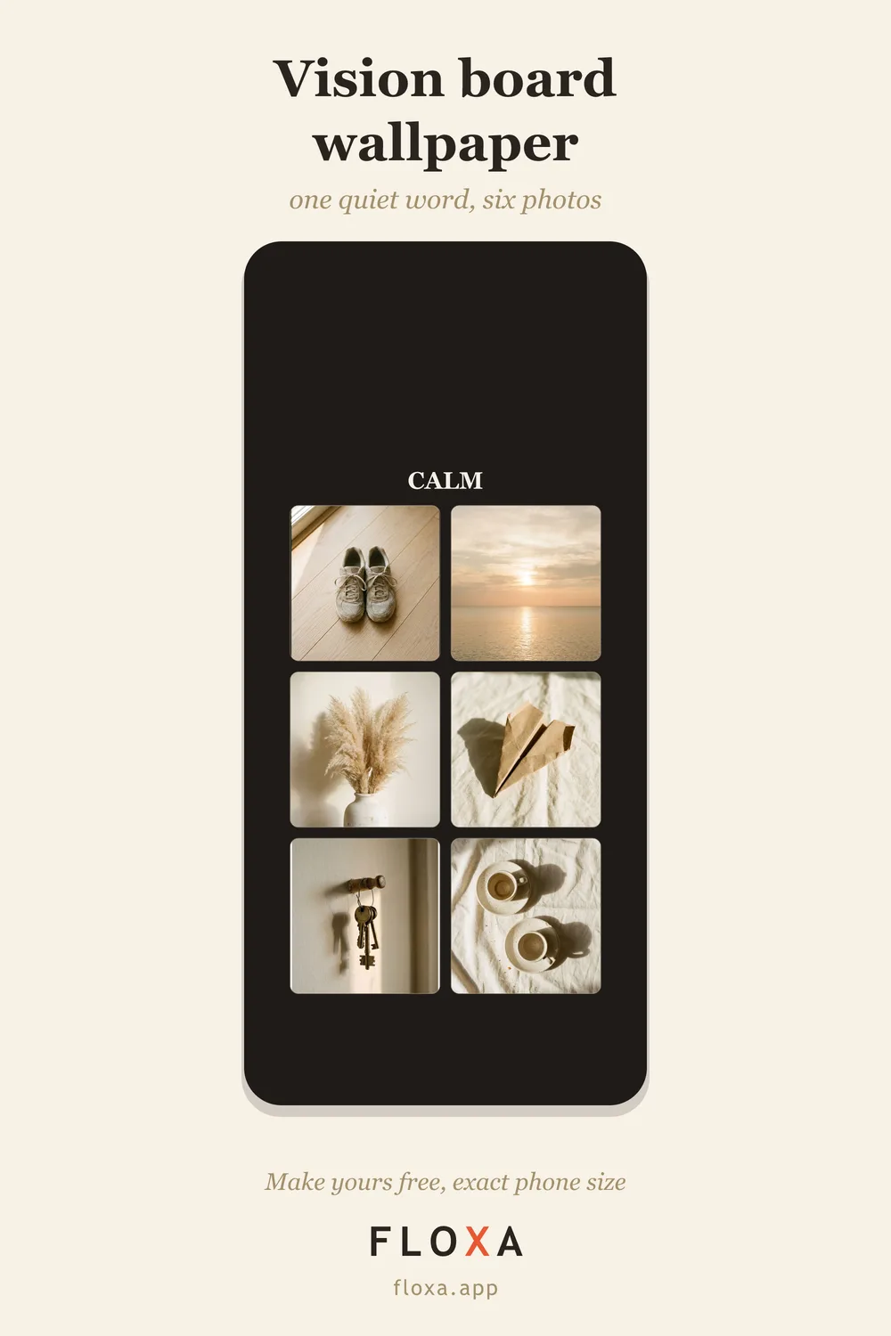 fondo de bloqueo de vision board con seis fotos alrededor del reloj y la palabra CALM