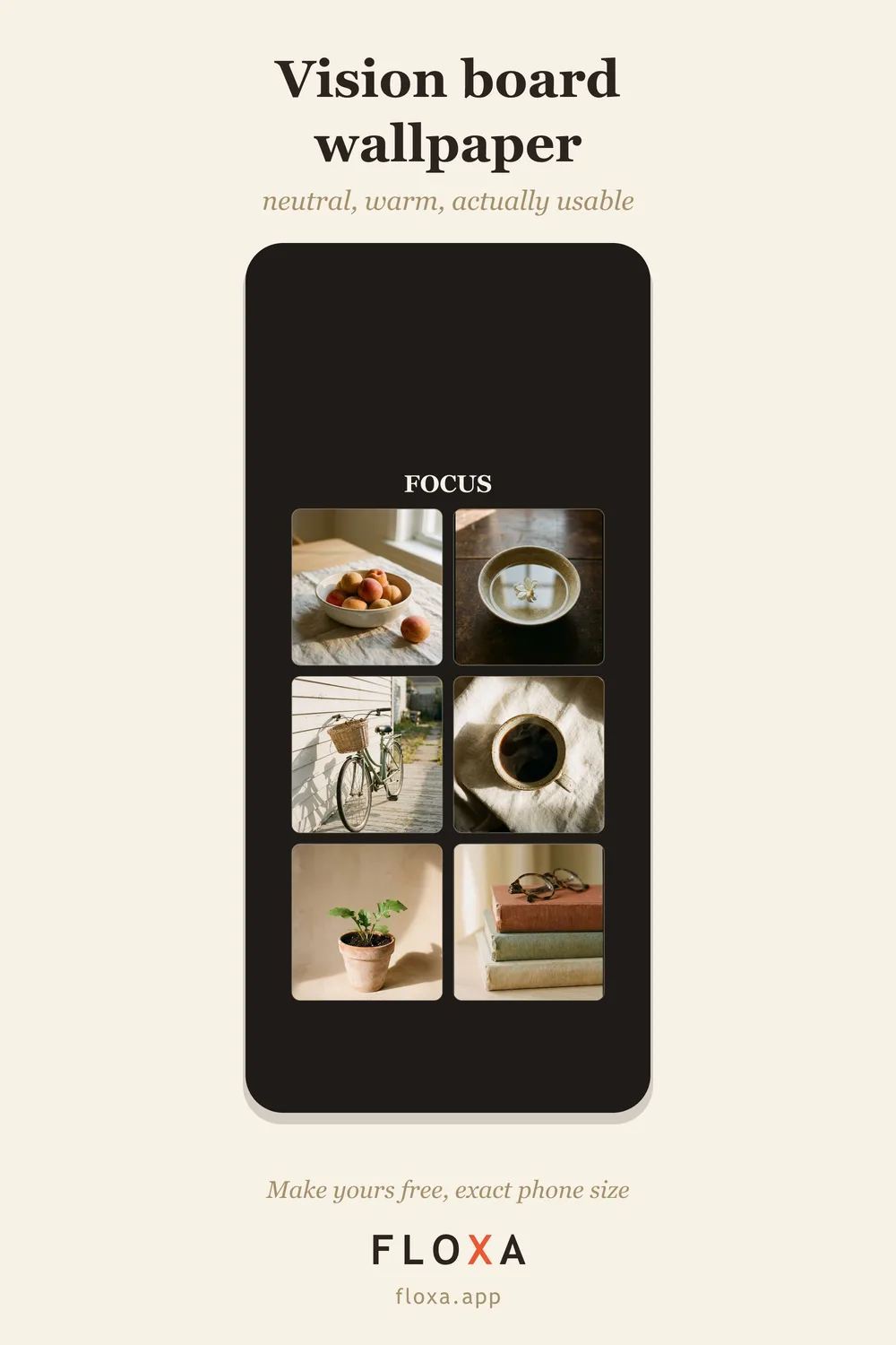 FOCUS vision board phone wallpaper with the photos kept clear of the clock band