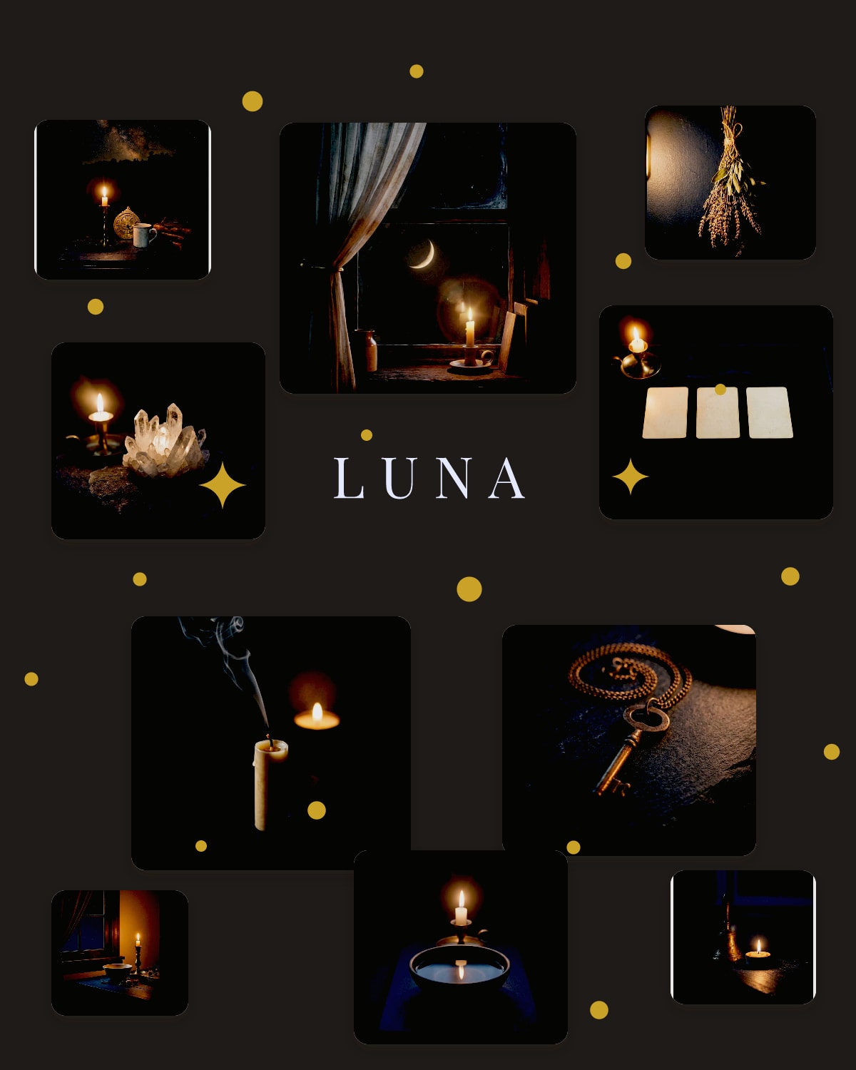Open the Constellation style: a vision board of 10 photos scattered on black around the word LUNA.