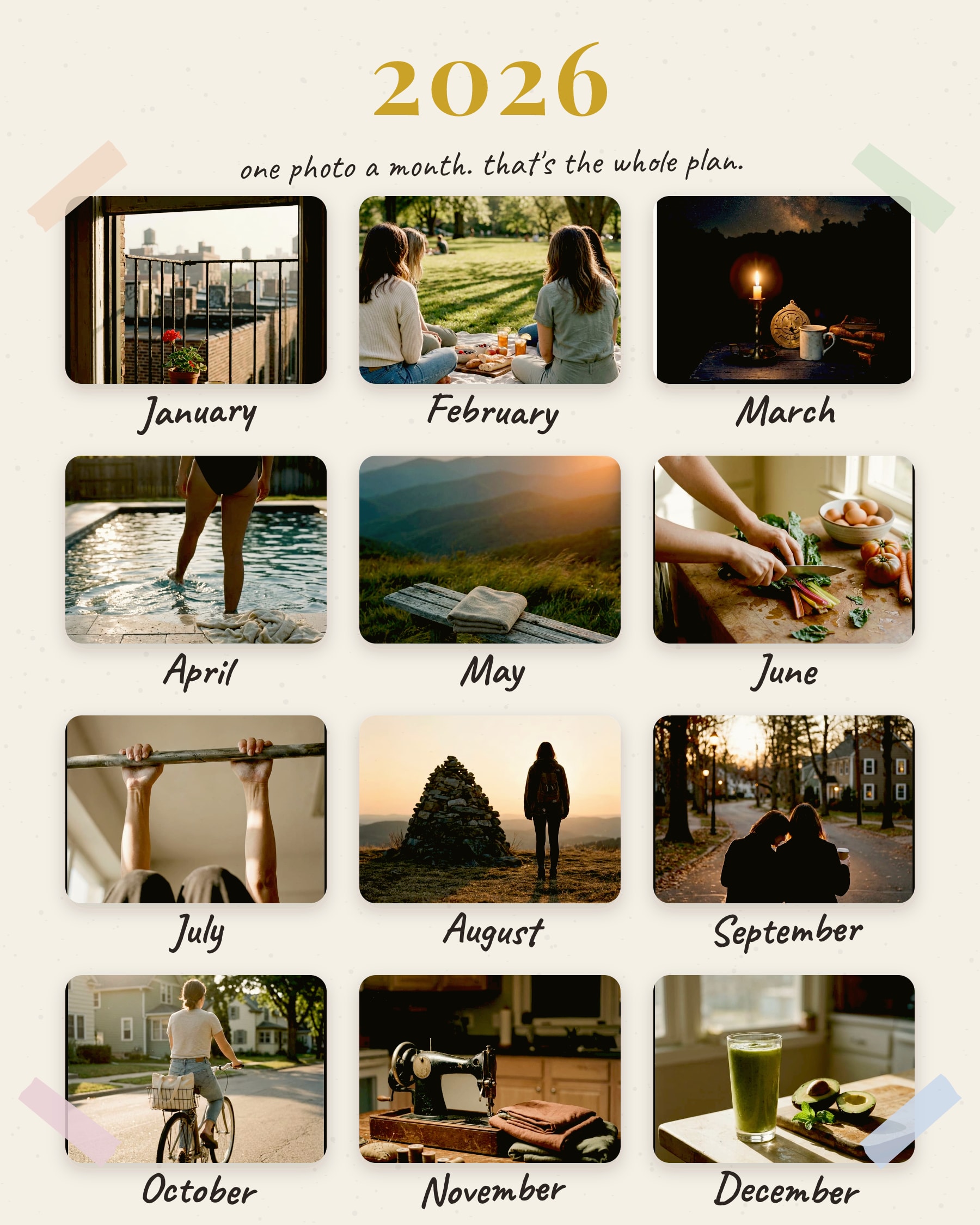 Open the Twelve months style: a 2026 vision board with one photo per month, each cell labelled by hand from January to December.