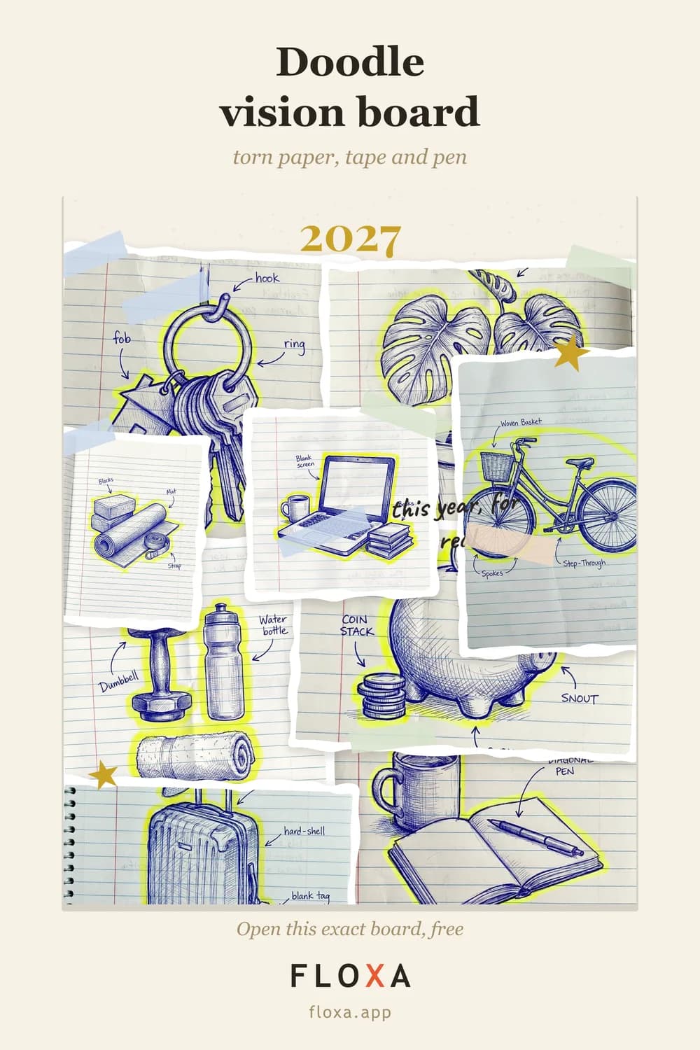 doodle notebook page mood board example with photos on torn paper cells