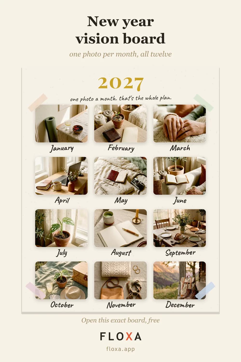 family bucket list vision board example in a twelve months layout with one thing per month