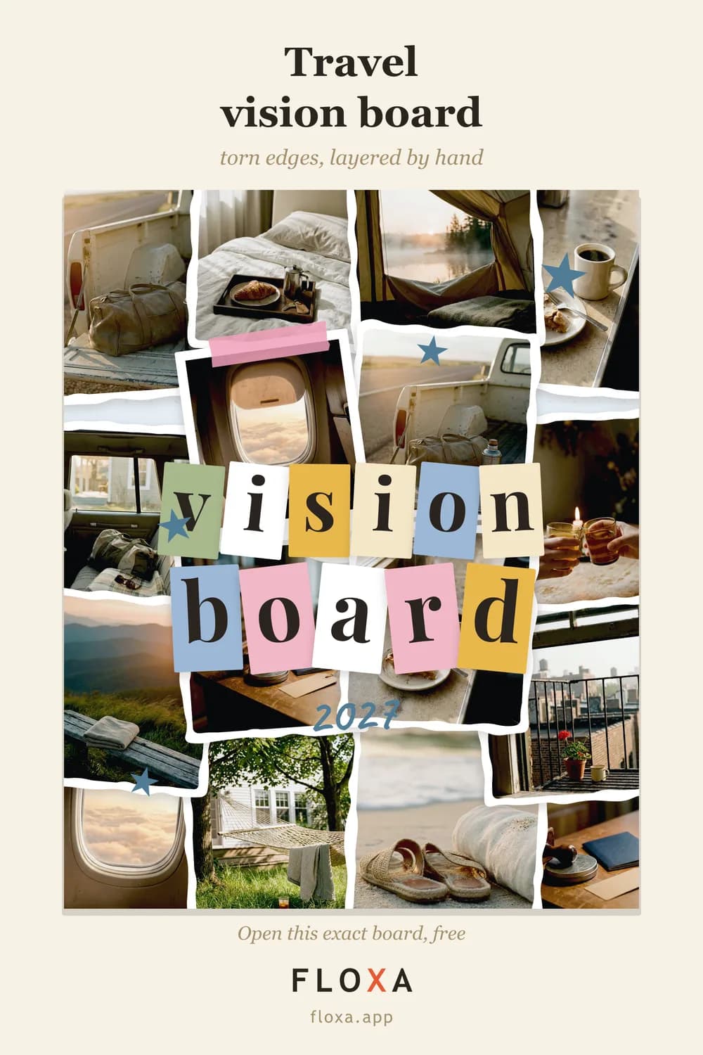 cut-out collage mood board example with torn paper edges and layered travel photos